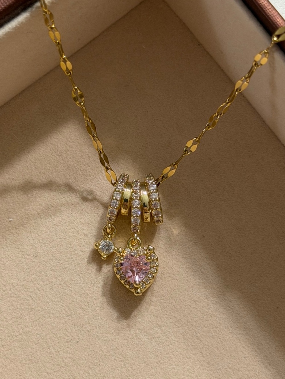 Golden Pink Heart Zirconia Stainless Steel Stamped Necklace Chain
